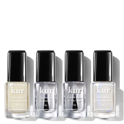 Four nail care bottles are displayed in a row. The labels read: LONDONTOWN Fresh Glow Cuticle Remover, LONDONTOWN Nourishing Cuticle Oil, LONDONTOWN Duplex Base & Top Coat, and LONDONTOWN Illuminating Nail Concealer from the Nail Care + Concealer System.