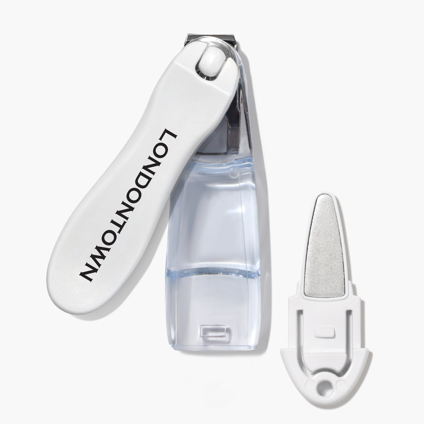 The Flex Cut Nail Clippers by LONDONTOWN are white and feature the brand name printed on the side. They boast ultra-precise clippers and an all-in-one design that includes a separate metal nail file attachment.