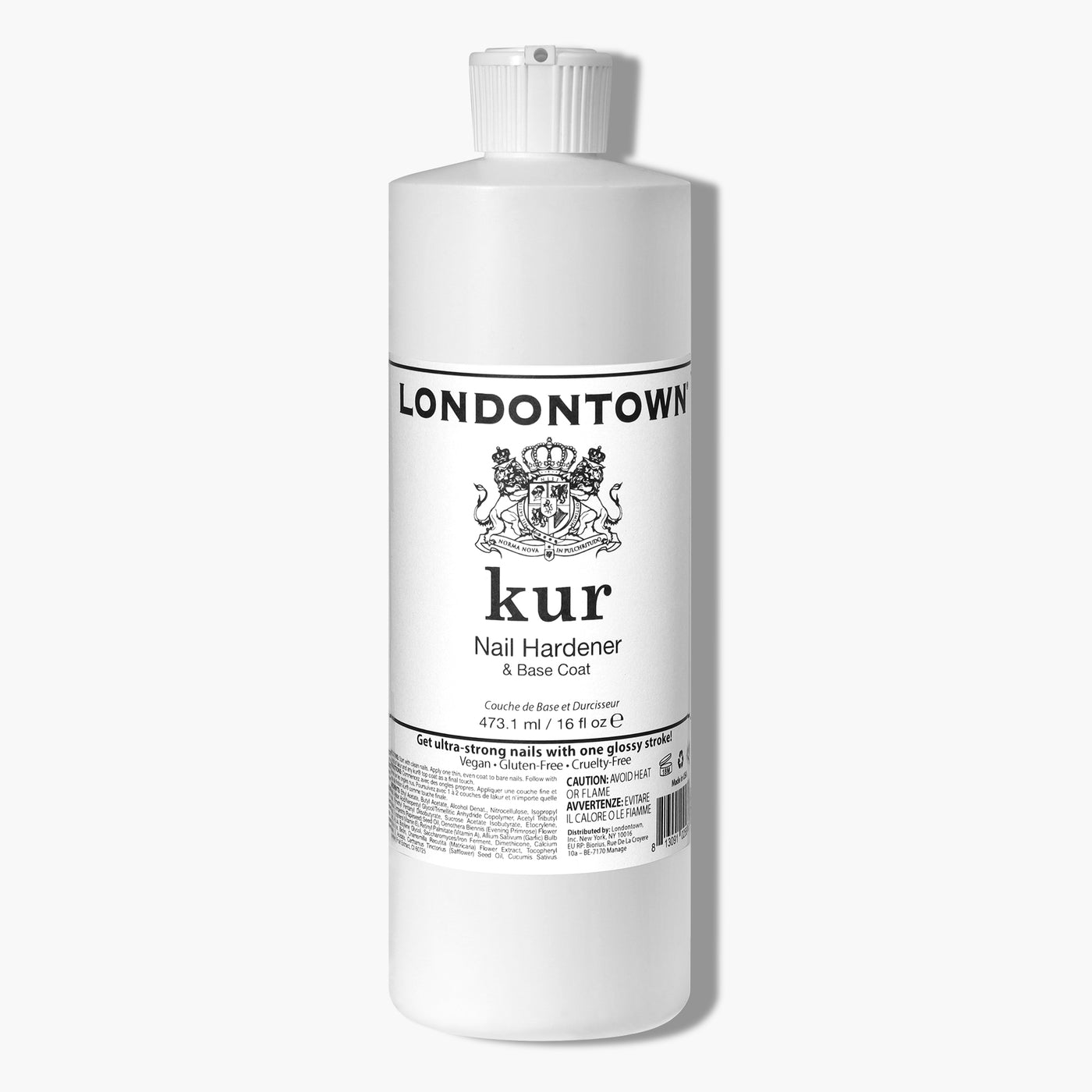 A white bottle of LONDONTOWN Nail Hardener & Base Coat (Pro Size) with a capacity of 473.1ml (16 fl oz). The label features an intricate emblem and product information, promising stronger-looking nails with its fortifying foundation for healthier nails.