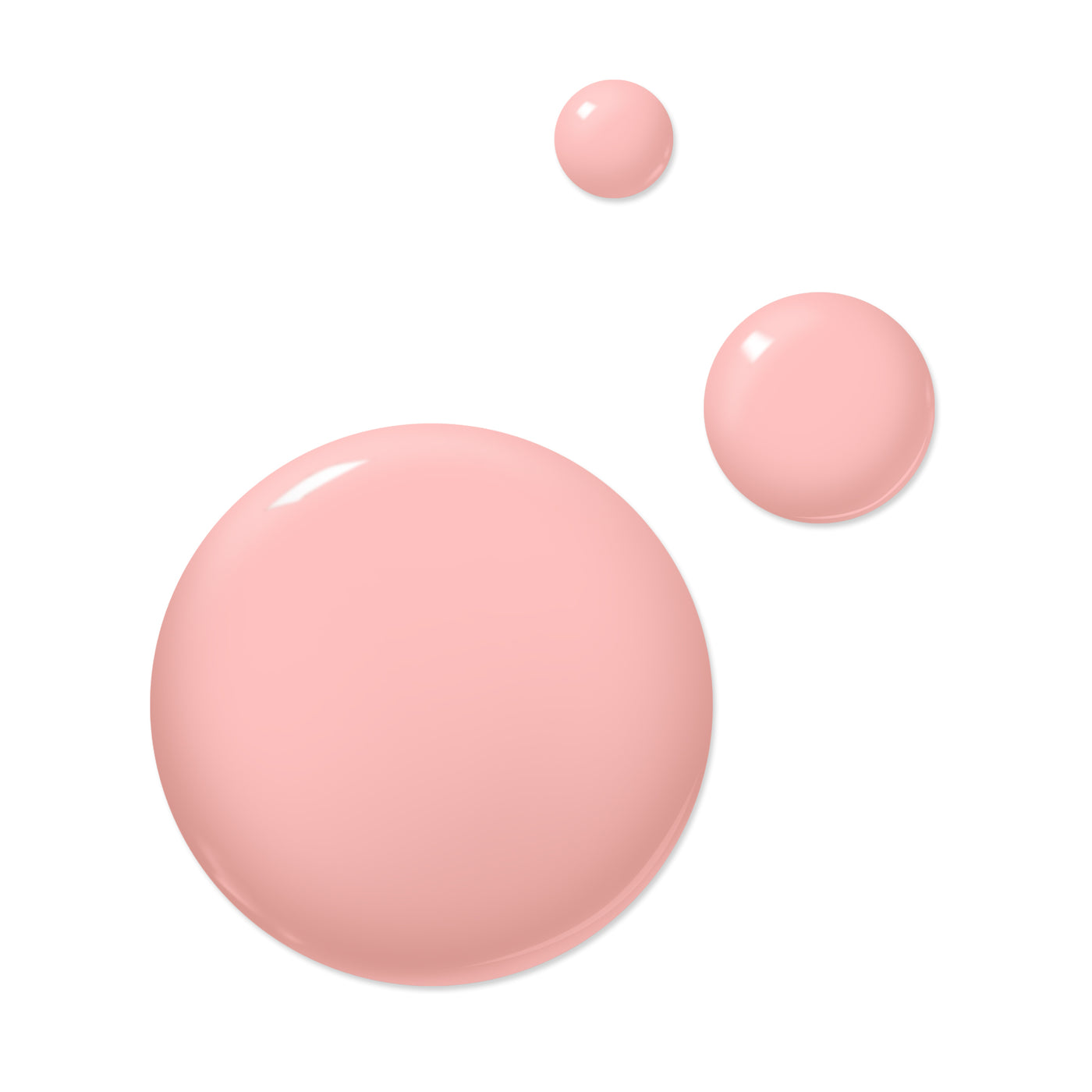 Three pink liquid droplets on a white background, varying in size. The largest droplet is at the bottom left, with two smaller droplets situated above and to the right, reminiscent of LONDONTOWN's "Peach Please" polish shade.