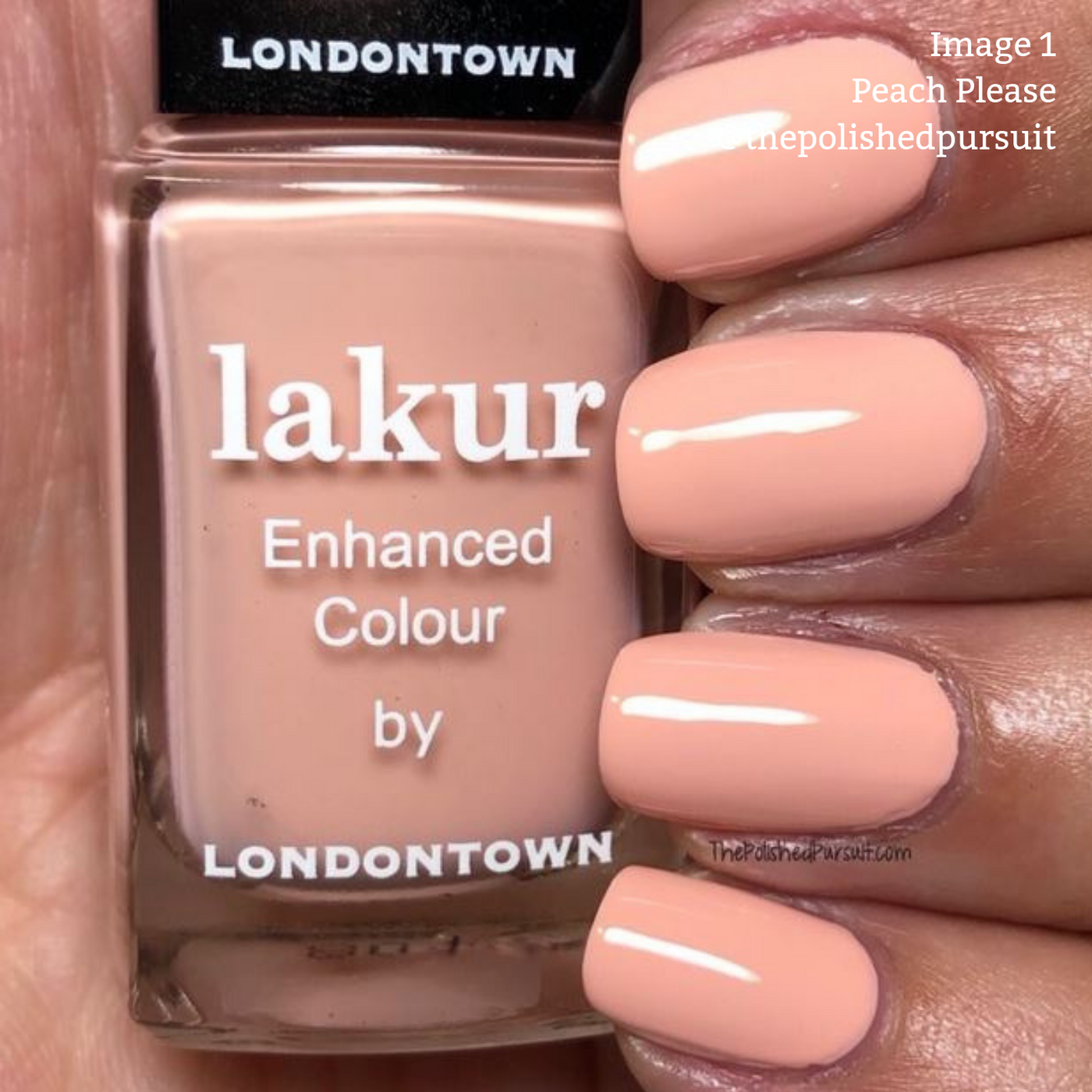 Close-up of a hand with pale peach creme nail polish. The bottle shows the brand "LONDONTOWN" and the shade "Peach Please." LONDONTOWN polishes are vegan and cruelty-free, perfect for conscious beauty lovers.