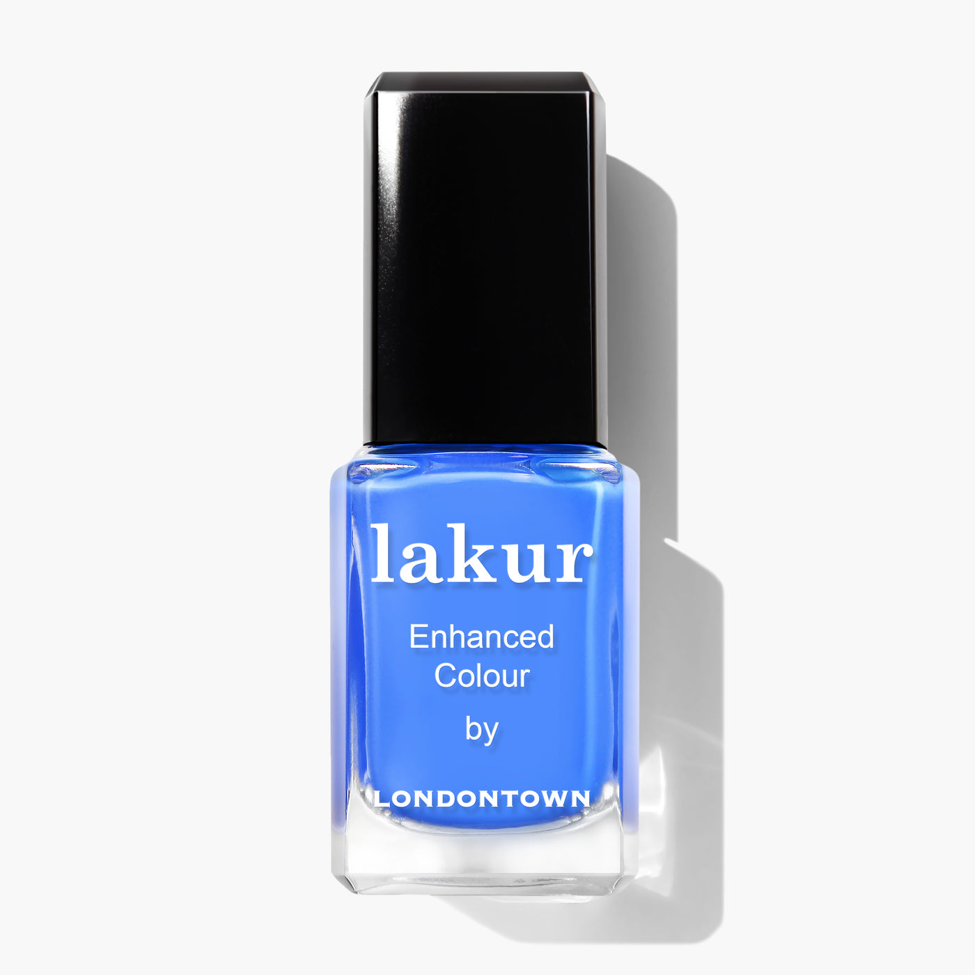 A bottle of blue nail polish labeled "Poolside Dreams by LONDONTOWN" with a black cap, displayed against a white background. This cruelty-free, vegan formula ensures your nails look stunning while staying kind to the planet.