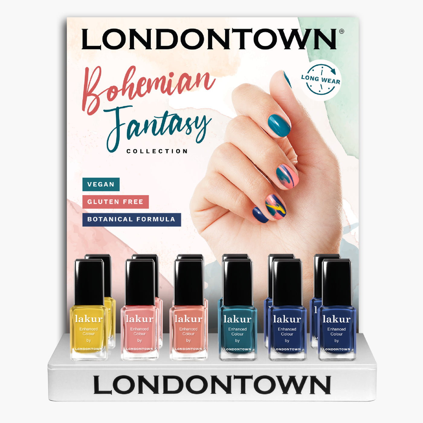 Presenting the LONDONTOWN Bohemian Fantasy POP Display, showcasing six vibrant nail polish bottles. This display emphasizes the vegan, gluten-free, and botanical formula advantages and includes a sample manicure for demonstration.