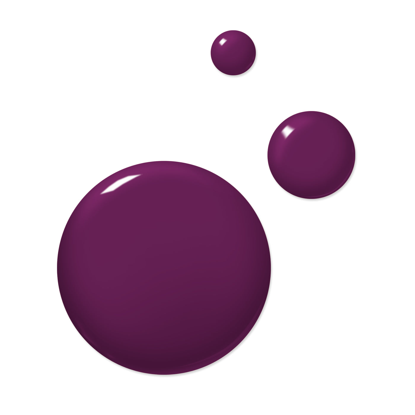 Three purple paint splatters of different sizes on a white background, reminiscent of the rich warm hue of Portobello Plum nail polish from LONDONTOWN—a vegan, cruelty-free option.