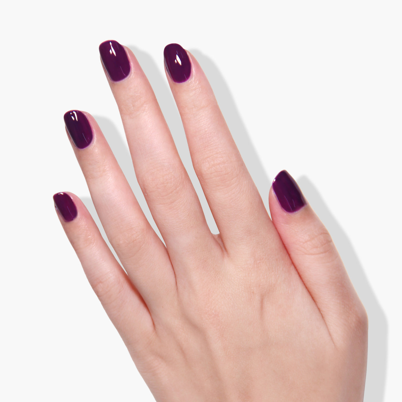 A hand with light skin showcases dark purple painted fingernails against a white background, featuring the rich color of LONDONTOWN's Portobello Plum.
