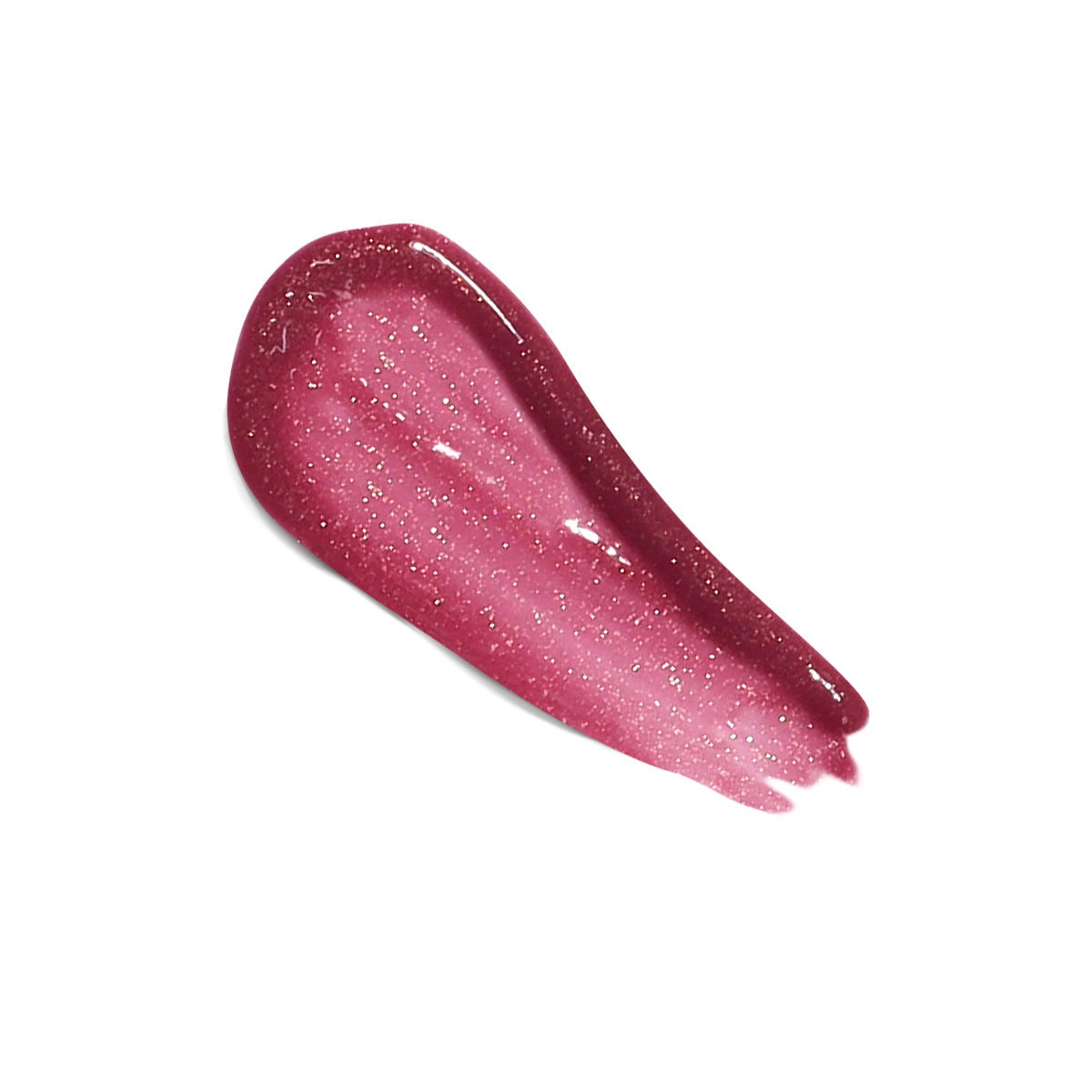 A swipe of LONDONTOWN's Plush Shine Lip Gloss in the shade Posh shows off its flushed pink glittery color with a glossy finish and a pointed tip on a white background.