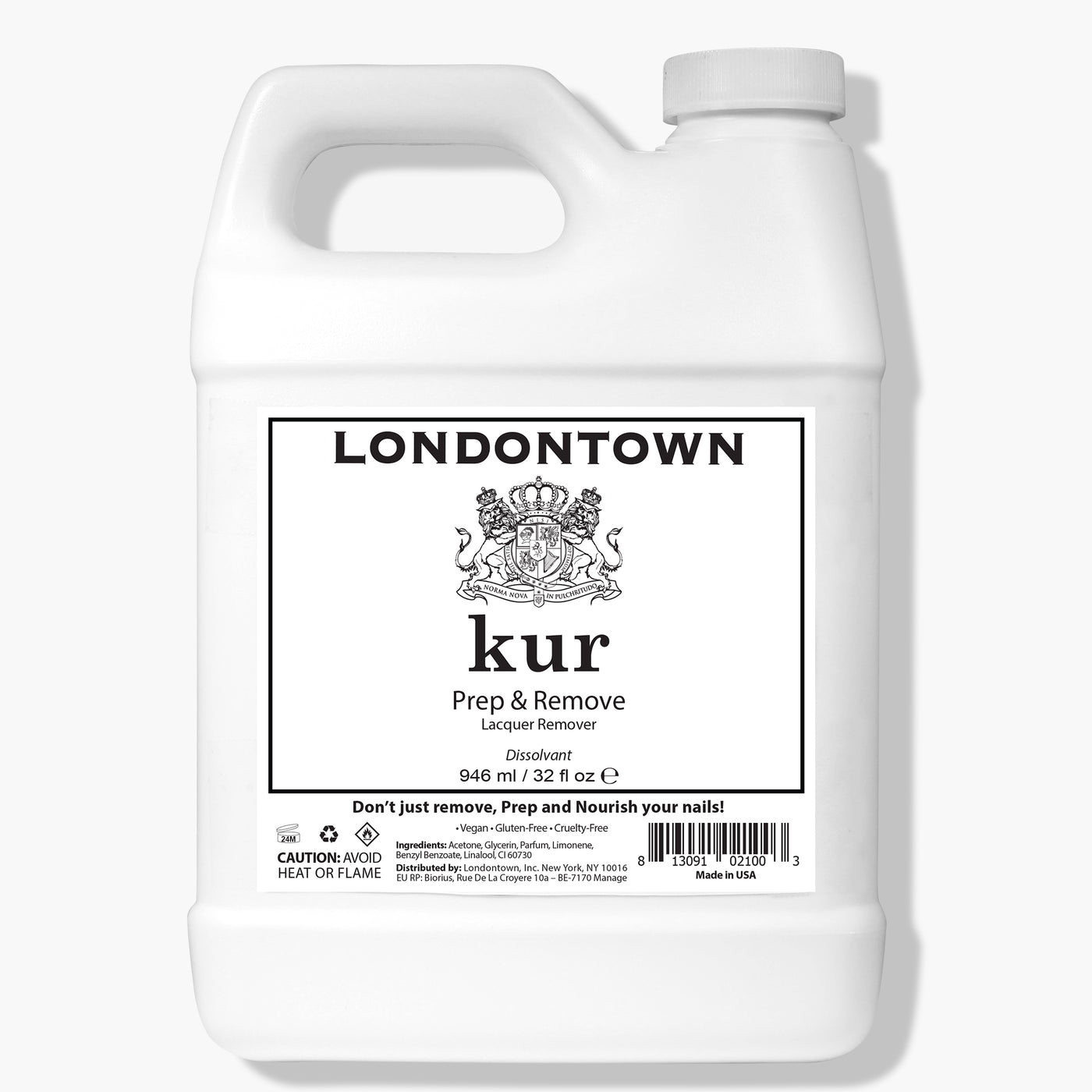 A white bottle of LONDONTOWN Prep & Remove Acetone Lacquer Remover (Pro Size), 946 ml, with a black and white label featuring product information and safety warnings.