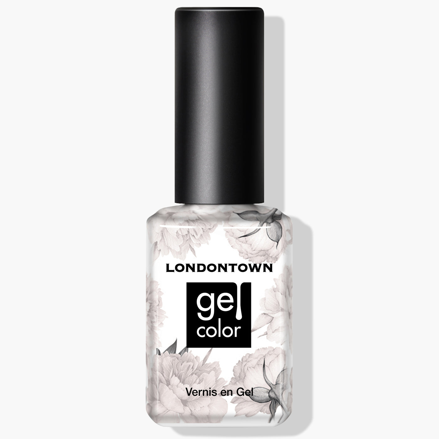 A bottle of LONDONTOWN Princess Awaits Gel Color nail polish, featuring a black cap and white floral designs on the bottle. This vegan, cruelty-free polish requires UV/LED light for a flawless finish.