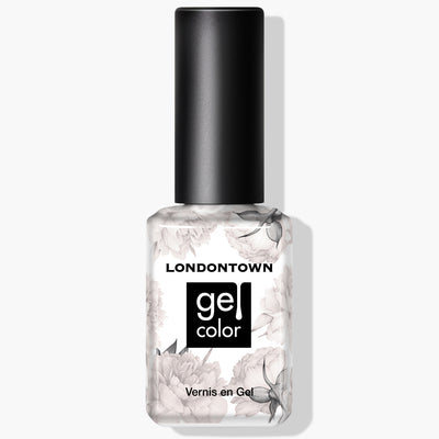 A bottle of LONDONTOWN Princess Awaits Gel Color nail polish, featuring a black cap and white floral designs on the bottle. This vegan, cruelty-free polish requires UV/LED light for a flawless finish.