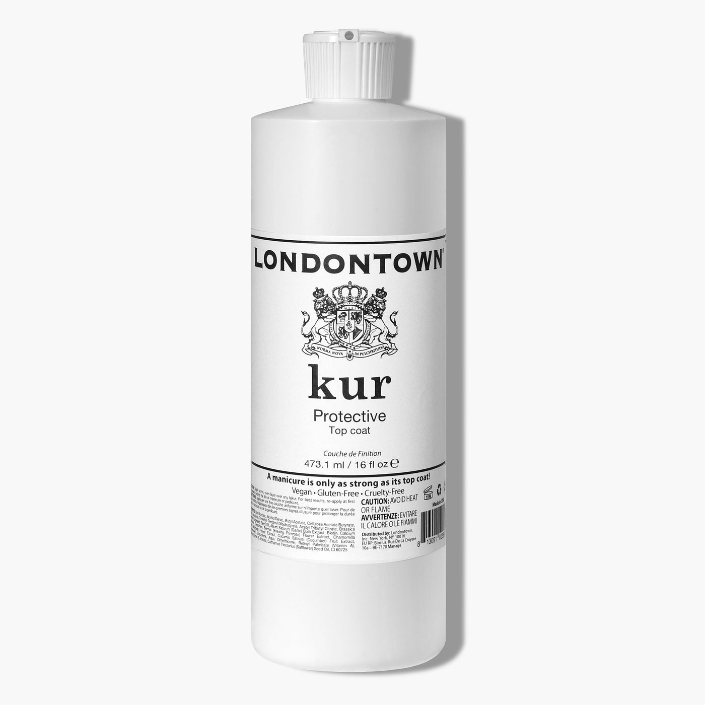 A 16 fl oz (473 mL) white bottle of LONDONTOWN Protective Top Coat (Pro Size) featuring black text and a logo with a crest on the label, promising a high-shine, color-locking finish.