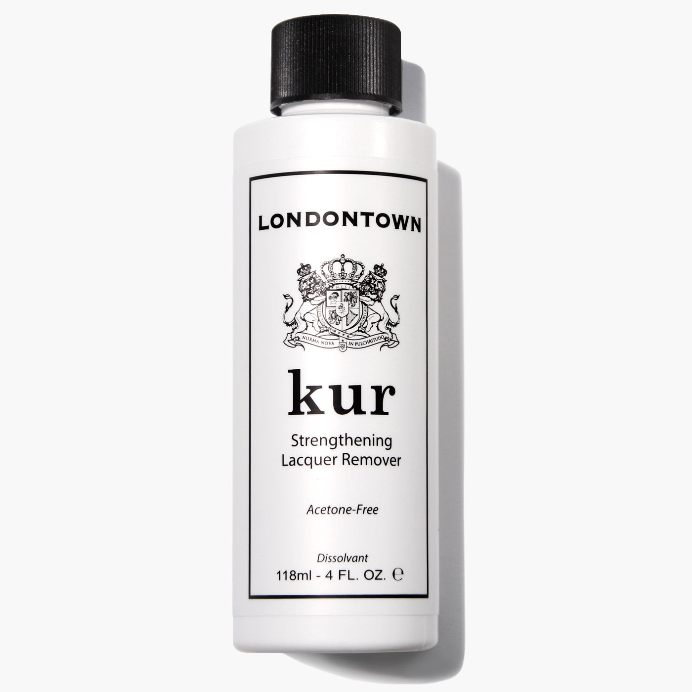 A white bottle of LONDONTOWN Strengthening Lacquer Remover (Professional), 118ml, featuring a black cap and a label with a crest; described as acetone-free and a dissolvent.