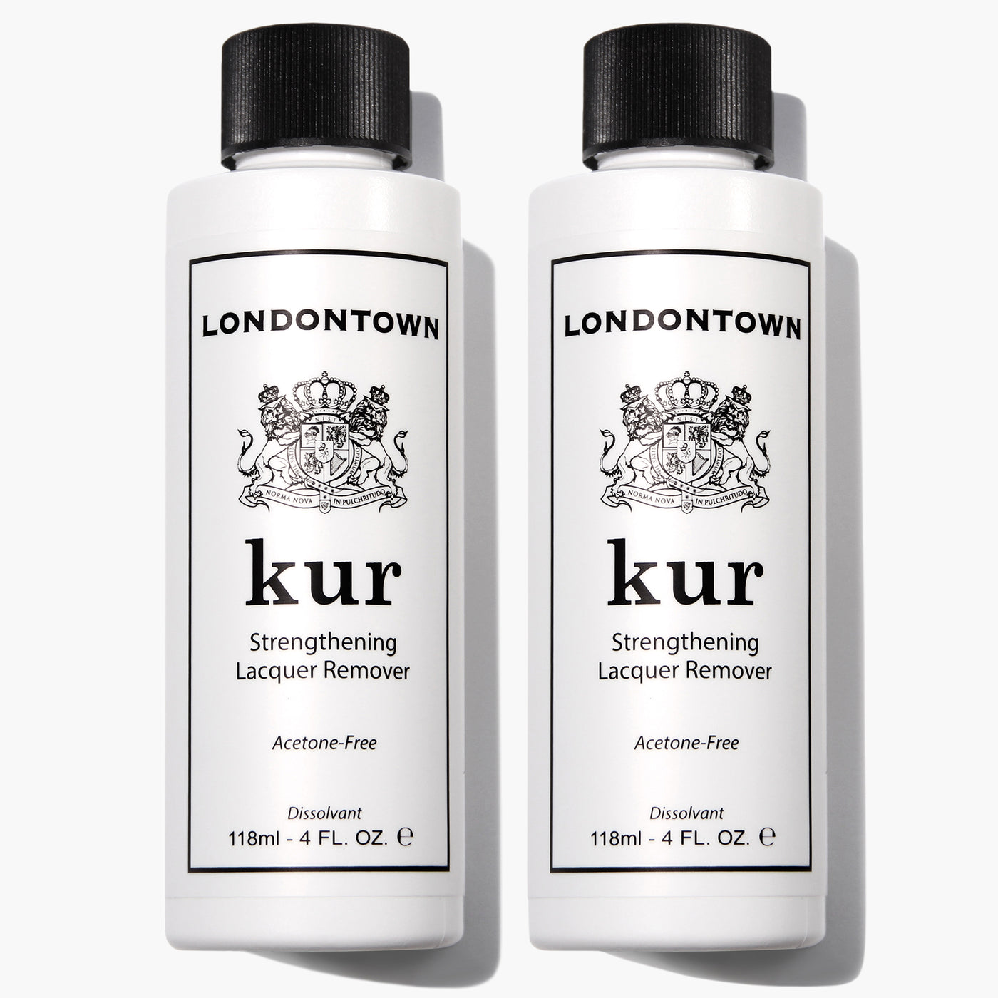 Image shows two bottles of Remover x2 by LONDONTOWN. Each 118 ml (4 fl. oz) bottle is acetone-free and designed to gently remove polish while hydrating and strengthening your nails.