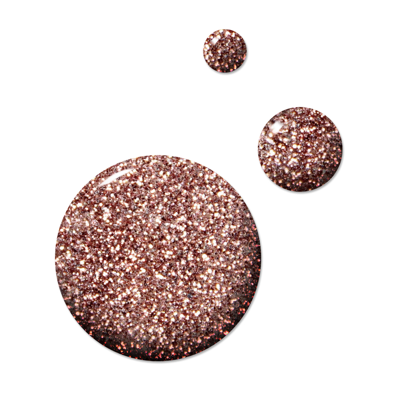 Three circular shapes of varying sizes filled with LONDONTOWN's Rosé All Day, a densely packed, pink glitter nail polish texture on a white background.