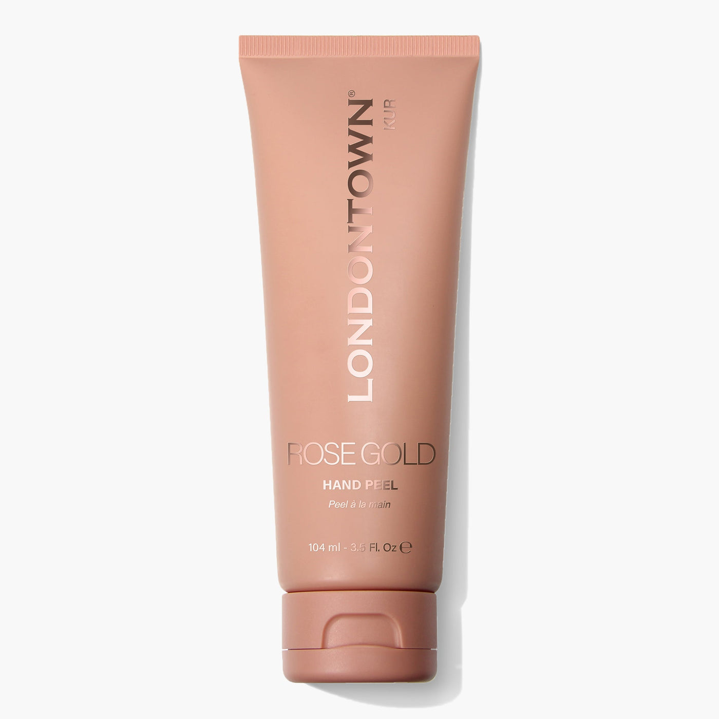 A 3.6 fl oz (104 ml) tube of LONDONTOWN's Rose Gold Hand Peel (Professional), featuring a clear cap, promises smoother and brighter hands.