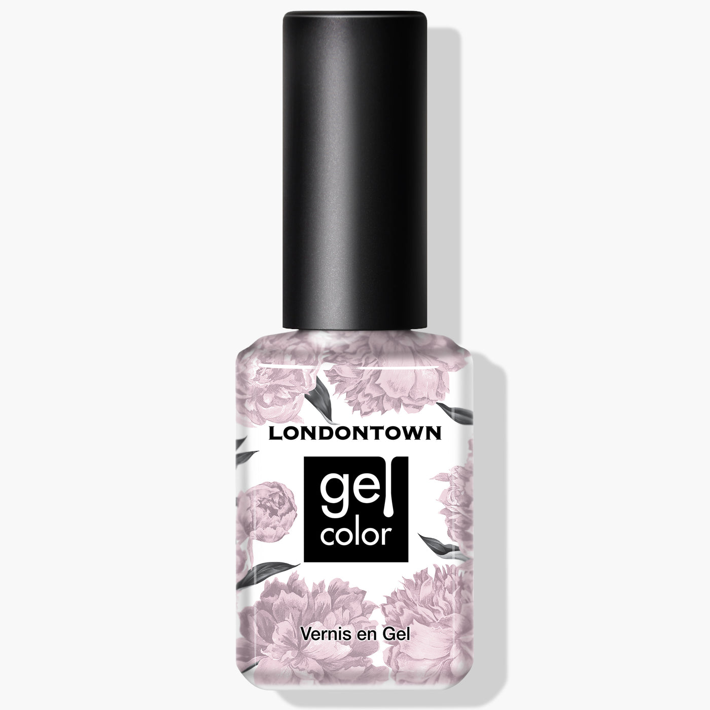 A bottle of LONDONTOWN's Rosewater UV/LED Gel Color nail polish with a high-shine formula, featuring floral designs on the label and a black cap. This cruelty-free product ensures your nails look stunning without compromising on ethics.