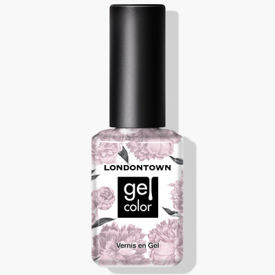 A bottle of LONDONTOWN's Rosewater UV/LED Gel Color nail polish with a high-shine formula, featuring floral designs on the label and a black cap. This cruelty-free product ensures your nails look stunning without compromising on ethics.