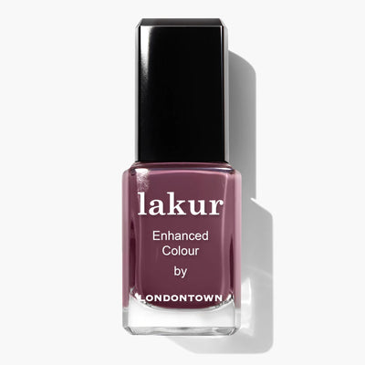 A bottle of Save the Queen (Professional) nail polish by LONDONTOWN in a deep mauve shade, enriched with Florium Complex and set against a plain white background. This vegan, cruelty-free formula merges the elegance of mauve and plum tones for a sophisticated finish.