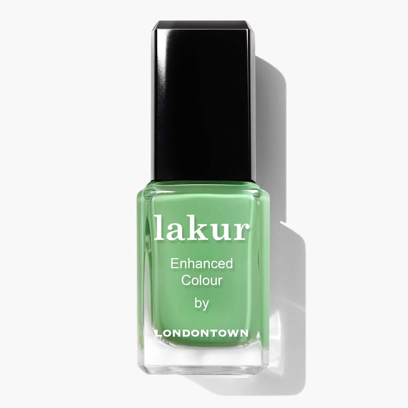 A bottle of green nail polish labeled "Secret Garden Posh by LONDONTOWN," showcasing their renowned vegan, cruelty-free formula, with a black cap on a white background.