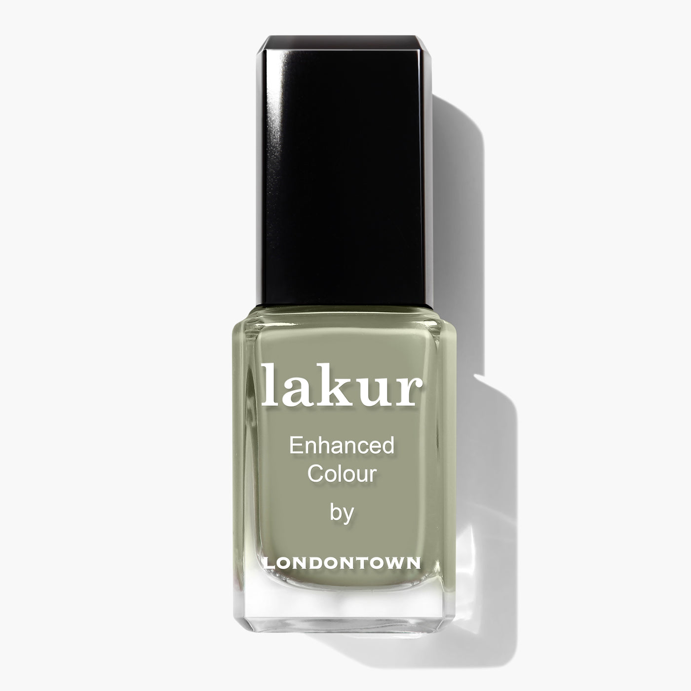 A bottle of LONDONTOWN's Sedona lakur Enhanced Colour nail polish in succulent jade green with a black cap, featuring its vegan cruelty-free formula.