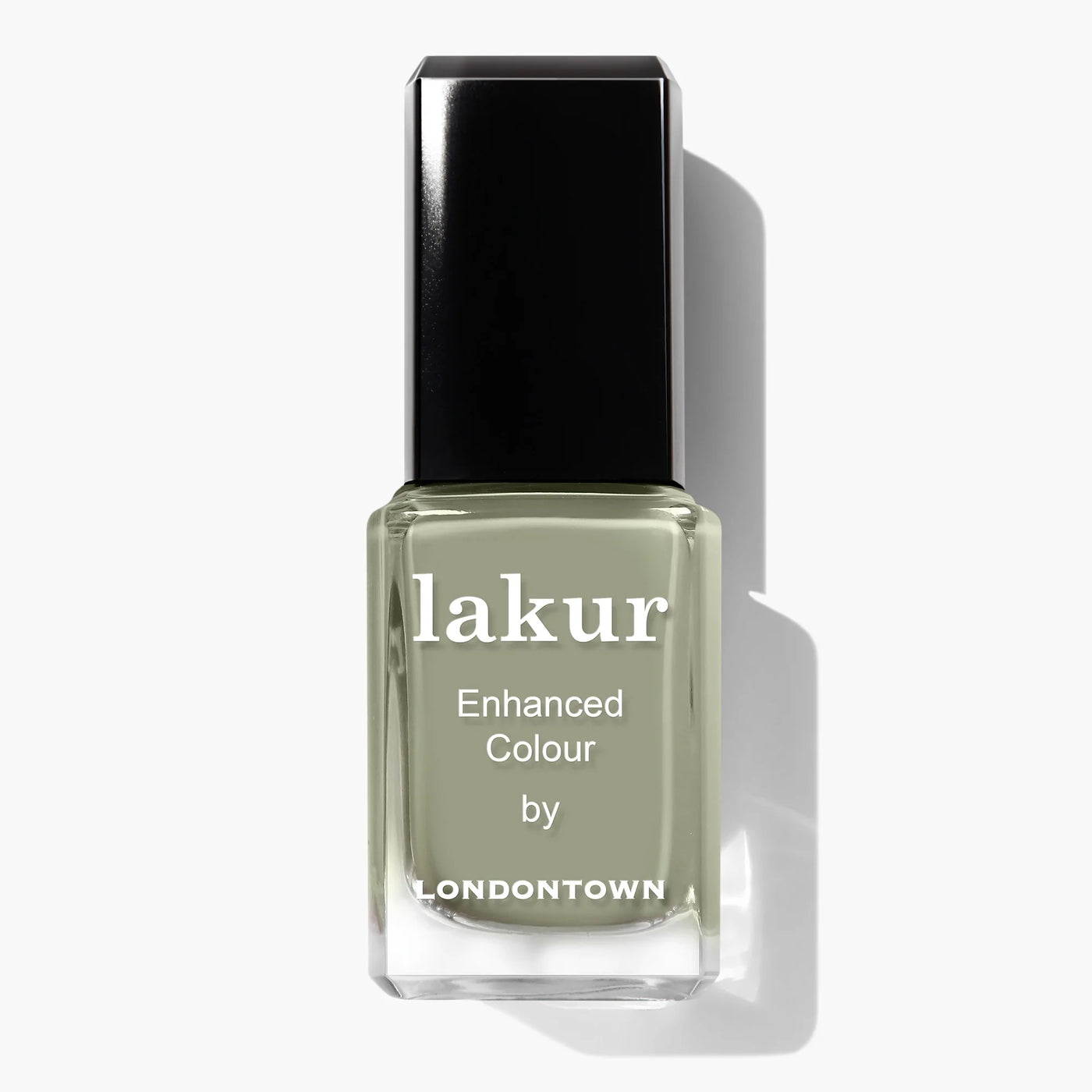 A bottle of LONDONTOWN Sedona (Professional) nail polish with "Enhanced Colour" printed on the front. The vegan, cruelty-free polish is a muted, succulent jade green shade with a black square cap.