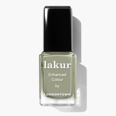 A bottle of LONDONTOWN Sedona (Professional) nail polish with "Enhanced Colour" printed on the front. The vegan, cruelty-free polish is a muted, succulent jade green shade with a black square cap.