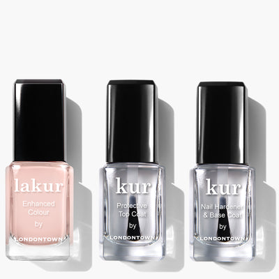 The Sheer Mani trio by LONDONTOWN includes one Enhanced Color, one Protective Top Coat, and one Nail Hardener & Base Coat – perfect for both workdays and weekends. Each comes in a clear or lightly tinted bottle with a black cap.