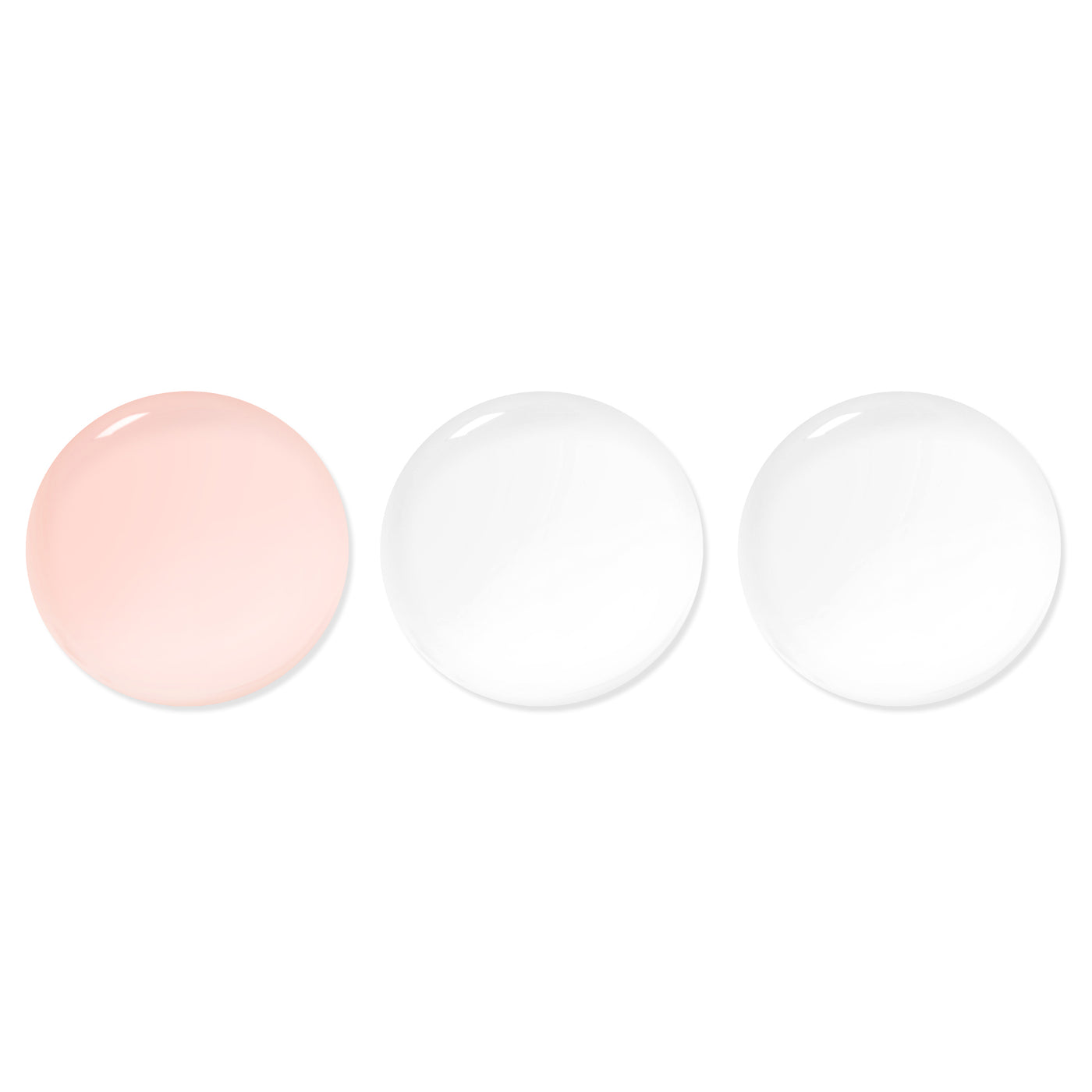 Three circular blobs of transparent, gel-like substance are displayed on a white background. The first blob is pinkish, while the second and third blobs are clear. This versatile trio from Sheer Mani by LONDONTOWN could enhance your skincare routine, making both weekdays and weekends feel rejuvenating.