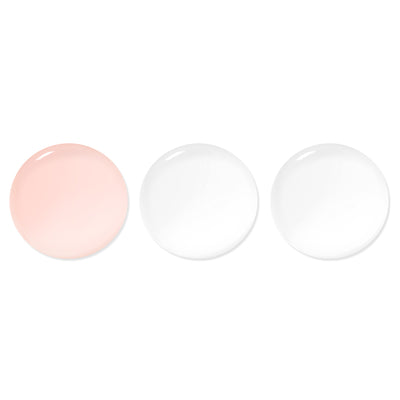 Three circular blobs of transparent, gel-like substance are displayed on a white background. The first blob is pinkish, while the second and third blobs are clear. This versatile trio from Sheer Mani by LONDONTOWN could enhance your skincare routine, making both weekdays and weekends feel rejuvenating.