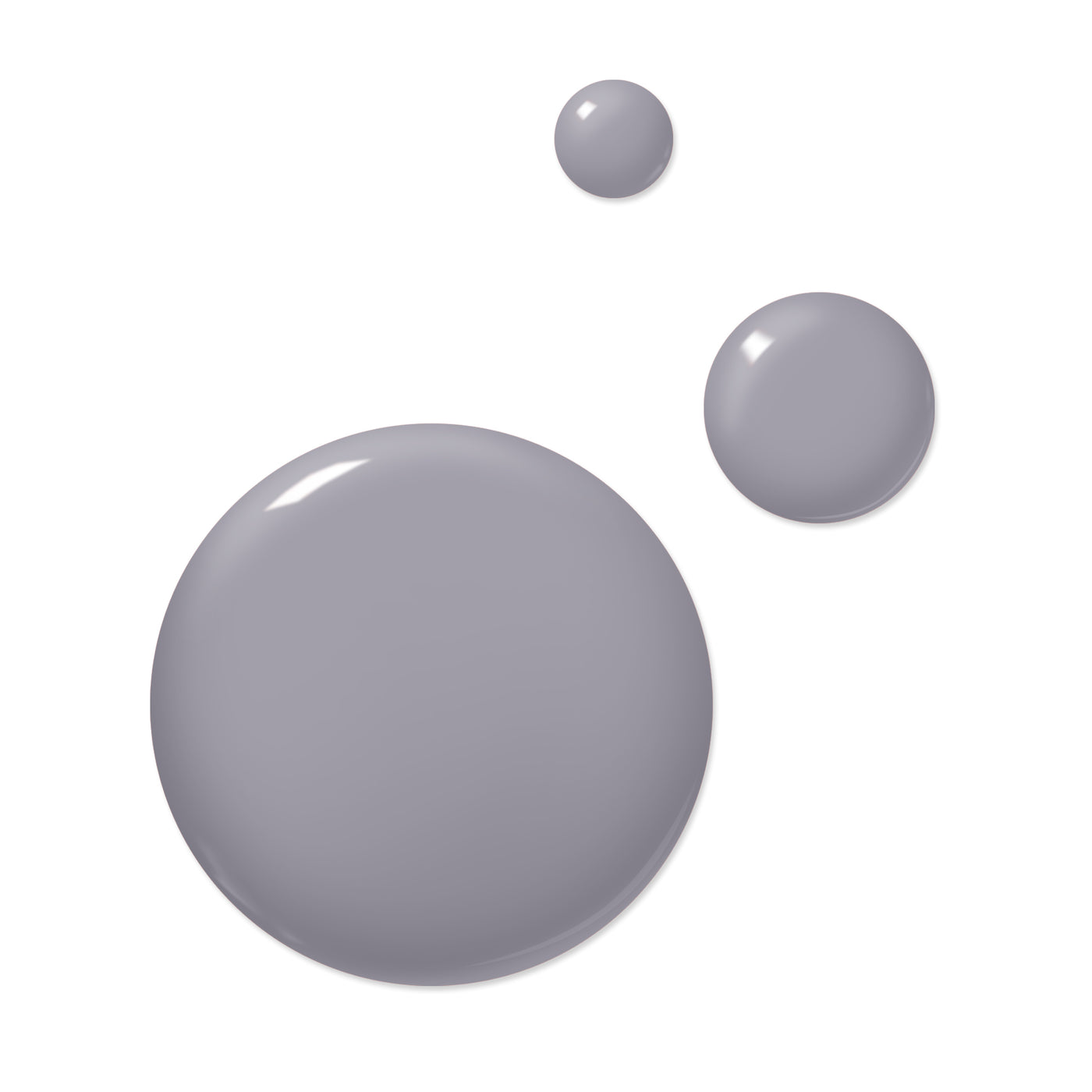 Three Silver Birch gray, glossy circular objects of varying sizes, reminiscent of LONDONTOWN's cruelty-free nail polish swatches, are arranged on a white background.