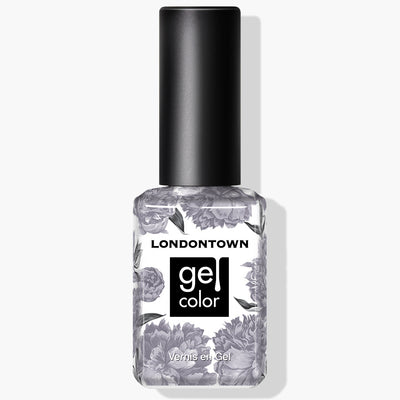 Image of a LONDONTOWN Silver Birch Gel Color nail polish bottle with a black cap and floral design on the label. The text "LONDONTOWN Gel Color" is written in black and white, showcasing its sophisticated creme slate grey shade, perfect for UV/LED light curing.