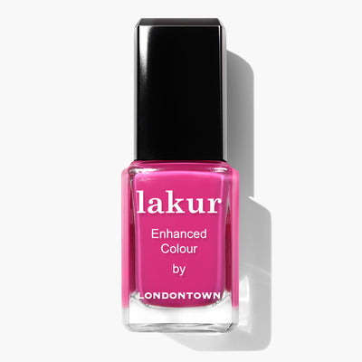 Introducing Summer Fling nail polish by LONDONTOWN, featuring a shocking pink hue and a black cap. This vegan and cruelty-free nail polish is perfect for making a bold statement.