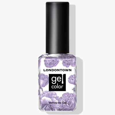 A bottle of LONDONTOWN Trolley Away Gel Color nail polish in a delicate lilac crème shade, featuring a floral design on the label.