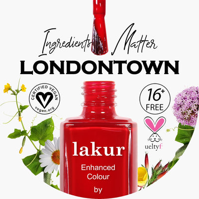 A red bottle of nail polish, labeled "Window Decal #2 - Red Bottle" by LONDONTOWN, features a brush applying the polish. The text highlights "Ingredients Matter LONDONTOWN," along with certifications for being vegan and free of 16+ harmful substances, with flowers and plants adorning the scene.