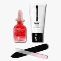 LONDONTOWN's Peptide Nail Repair Set includes a peptide serum, hand cream, glass nail file, and black emery board—all displayed on a white background for healthy-looking nails.