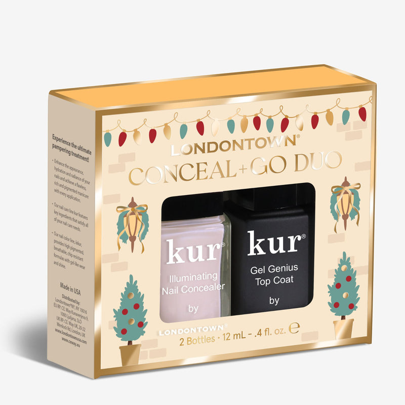 The LONDONTOWN Conceal + Go - Pink: Holiday Edition is a boxed set with two 12 mL bottles—Illuminating Nail Concealer and Gel Genius Top Coat—for instantly flawless, natural-looking nails.