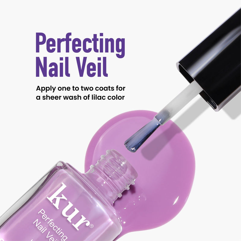 A bottle of LONDONTOWN's Violet Vibes Trio nail polish is shown with a brush applying it. The text reads: "Perfecting Nail Veil. In just 5 minutes, apply one to two coats for sheer purple perfection.