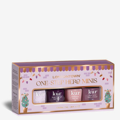 LONDONTOWN One-Step Hero Minis boxed set includes four assorted-shade nail polishes, each in a 7 mL bottle.