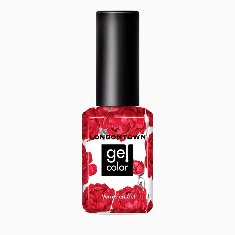 A bottle of LONDONTOWN Maraschino Cherry gel nail polish with a black cap and a bright red floral design on the label.