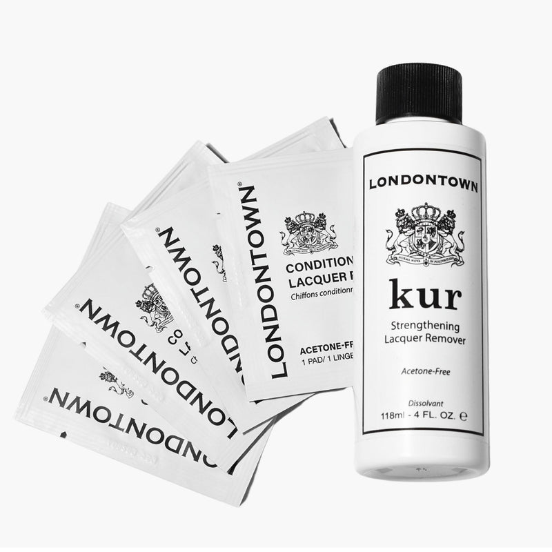 The Home & Away Remover Set by LONDONTOWN features a bottle and five conditioning remover pads, all acetone-free for gentle nail care. Provide a full product description for key SEO term optimization.