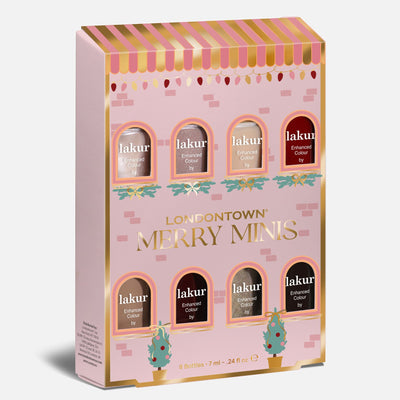 The LONDONTOWN Merry Minis Set features eight Lakur nail polishes in a festive pink and gold box with clear windows, perfect for the holidays.
