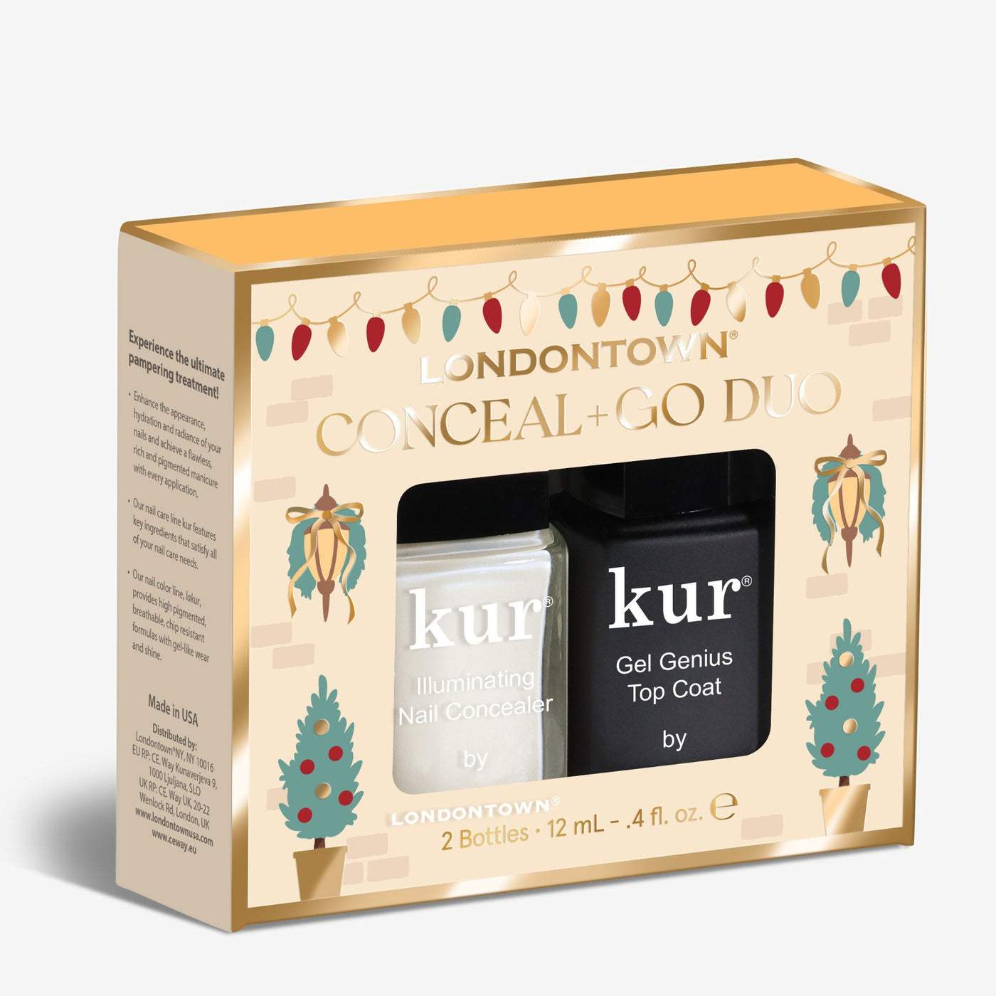 The LONDONTOWN Conceal & Go: Holiday Edition boxed set includes 12mL bottles of Illuminating Nail Concealer and Gel Genius Top Coat in festive packaging—ideal for natural nails and a flawless finish.