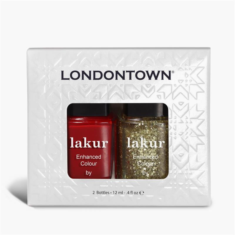 The LONDONTOWN Merry & Bright Duo features two Lakur Enhanced Colour nail polishes—one red and one gold—packaged in a white decorative box.
