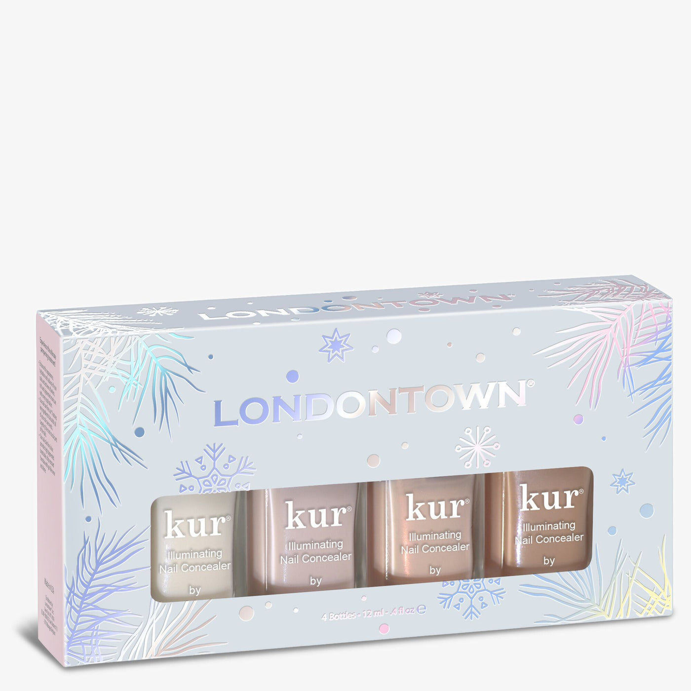The Concealer Wardrobe by LONDONTOWN is a boxed set of four kur Illuminating Nail Concealers in light silver holographic winter-themed packaging, featuring effortless nail care.