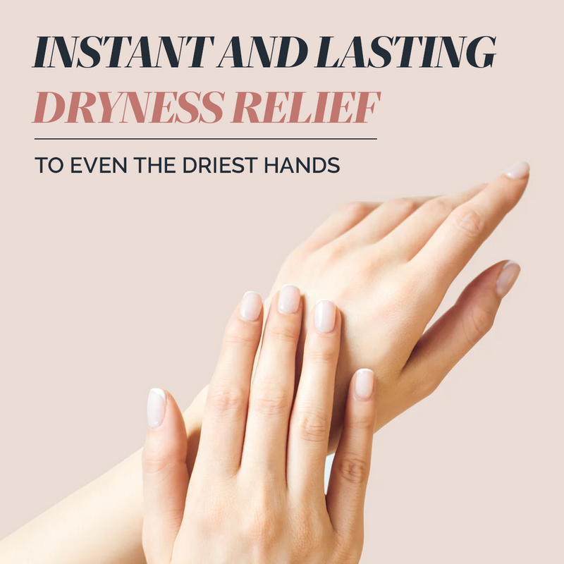 Two hands with manicured nails apply Moisture Renew Hand Serum by LONDONTOWN, alongside the text: "Instant and lasting dryness relief for even the driest hands with our restorative hand serum.