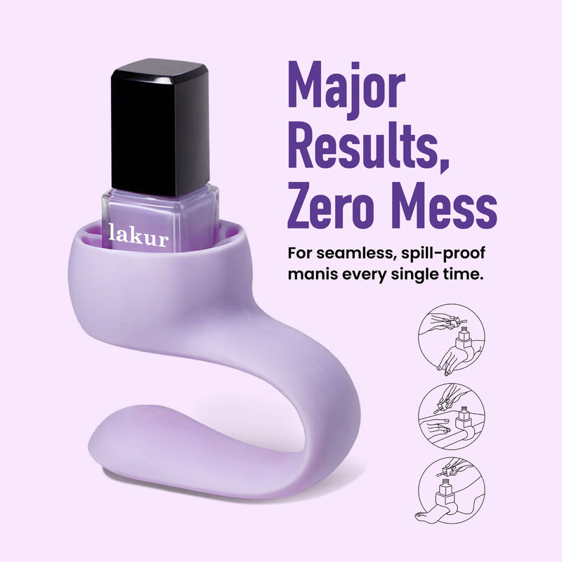 A sheer purple nail polish bottle from LONDONTOWN's Violet Vibes Trio in a flexible holder. Text: "Major Results, Zero Mess" with illustrations showing easy application for flawless nails in just 5 minutes.