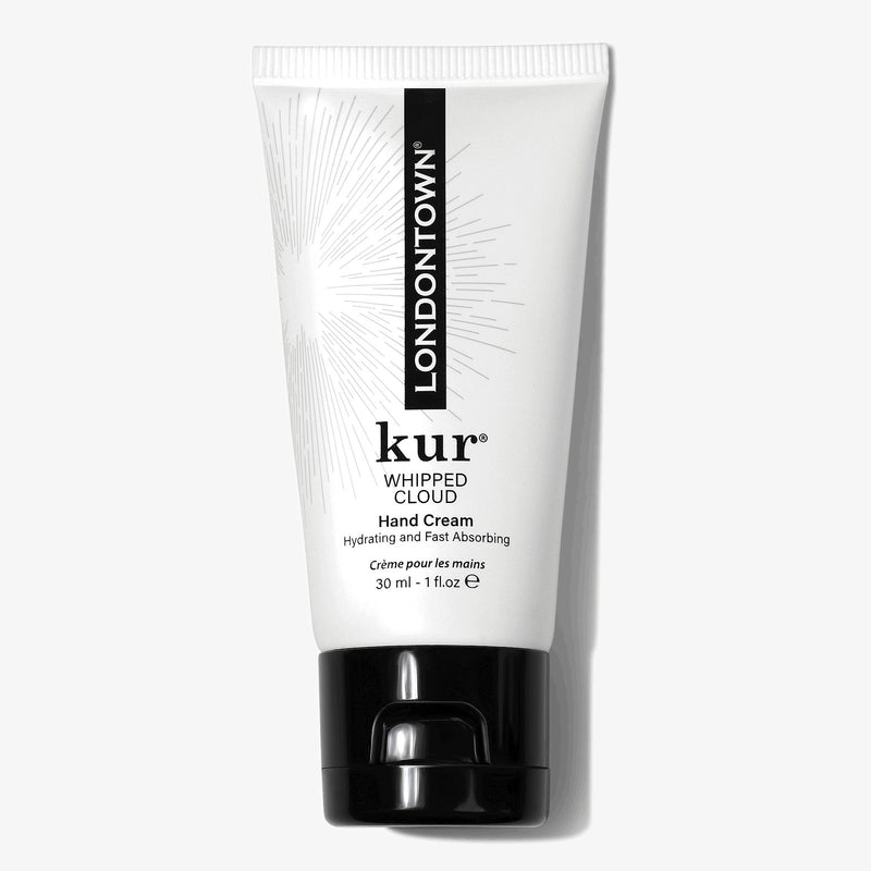 A 30 ml white tube of LONDONTOWN Mini Whipped Cloud Hand Cream with a black flip cap, labeled as hydrating and fast absorbing.