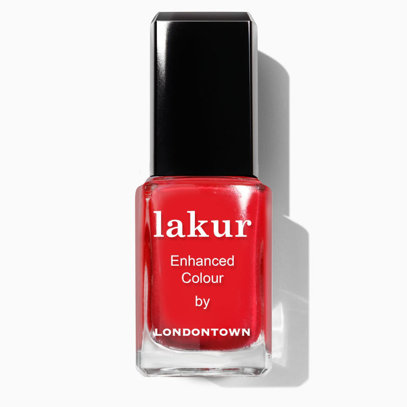 A glass bottle of LONDONTOWN Maraschino Cherry nail polish with a black cap and "Enhanced Colour by Londontown" on the front label.