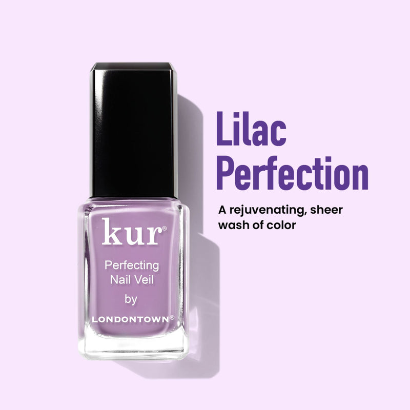 Image of a bottle from the Violet Vibes Trio by LONDONTOWN on a purple background. Text reads: "A rejuvenating, sheer purple wash of color that delivers perfection in just 5 minutes.