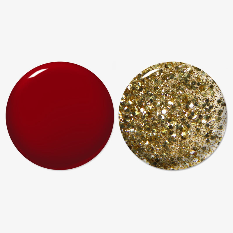 The LONDONTOWN Merry & Bright Duo features two circular nail polish swatches—a solid red and a clear base with gold glitter—displayed side by side on a white background.