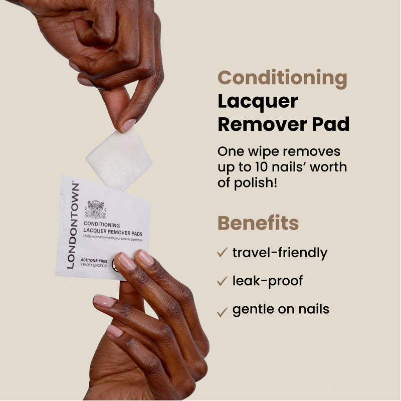 Hands holding a Home & Away Remover Set packet by LONDONTOWN, offering travel-friendly convenience and leak-proof design. Its gentle nail formula ensures hassle-free care on the go, becoming an essential part of your beauty routine.